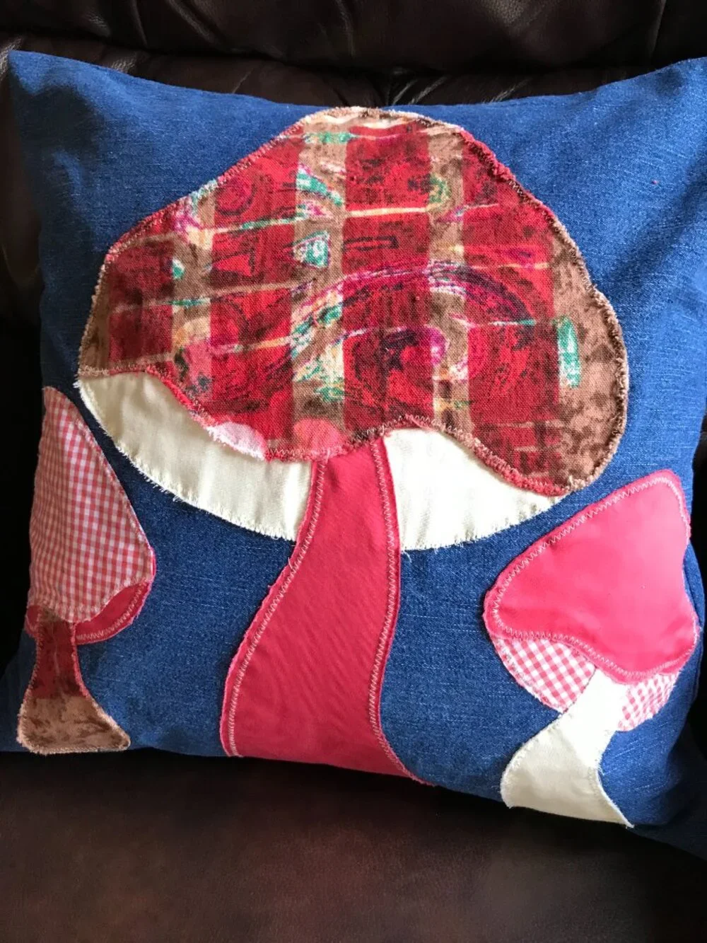 Mushroom Pillow Cover, Handmade 18 x 18 Whimsical Cottagecore Recycled Denim